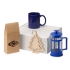 Подарочный набор с чаем, кружкой, френч-прессом и новогодней подвеской Чаепитие, синий, кружка- ярко-синий, френч-пресс- синий/прозрачный, кружка- керамика, френч-пресс- боросиликатное стекло, нержавеющая сталь, пластик, подвеска- березовая фанера
