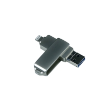 USB-флешка на 32 Гб, интерфейс USB3.0, поворотный механизм,c дополнительными разъемами для I-phone Lightning и Micro USB,  полностью металлический корпус, серебро