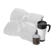 Подарочный набор с пледом, термокружкой и миндалем в шоколадной глазури Tasty hygge, белый Подарочный набор с пледом, термокружкой и миндалем в шоколадной глазури Tasty hygge, белый