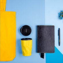 Набор подарочный VIBES4HIM: бизнес-блокнот, ручка, термокружка, сумка, черно-желтый