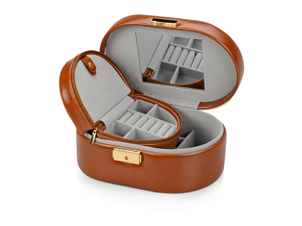 Шкатулка для драгоценностей с дорожным футляром, коричневый, коричневый/золотистый, искусственная кожа/металл Шкатулка для драгоценностей с дорожным футляром, коричневый, коричневый/золотистый, искусственная кожа/металл