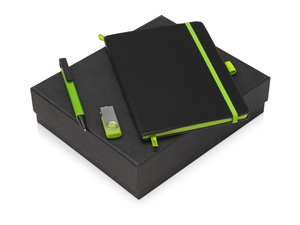 Подарочный набор Q-edge с флешкой, ручкой-подставкой и блокнотом А5, зеленый, черный/зеленый, блокнот - пу, ручка-подставка - металл/пластик, usb-флешка - пластик с покрытием soft-touch/металл