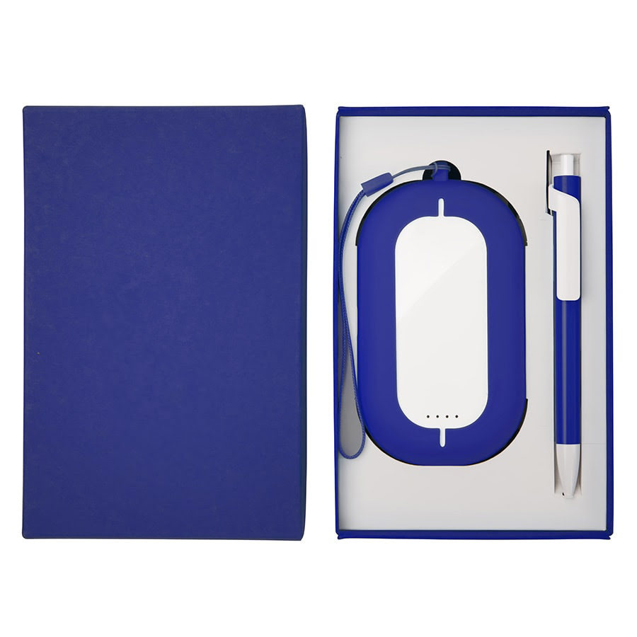 Набор SEASHELL-2: универсальное зарядное устройство (6000 mAh) и ручка в подарочной коробке, белый, синий, разные материалы