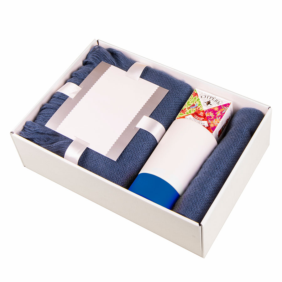 Подарочный набор WARM JOURNEY: коробка, плед, кружка, чай по-алтайски, белый, синий, картон, акрил, керамика, силикон, чай