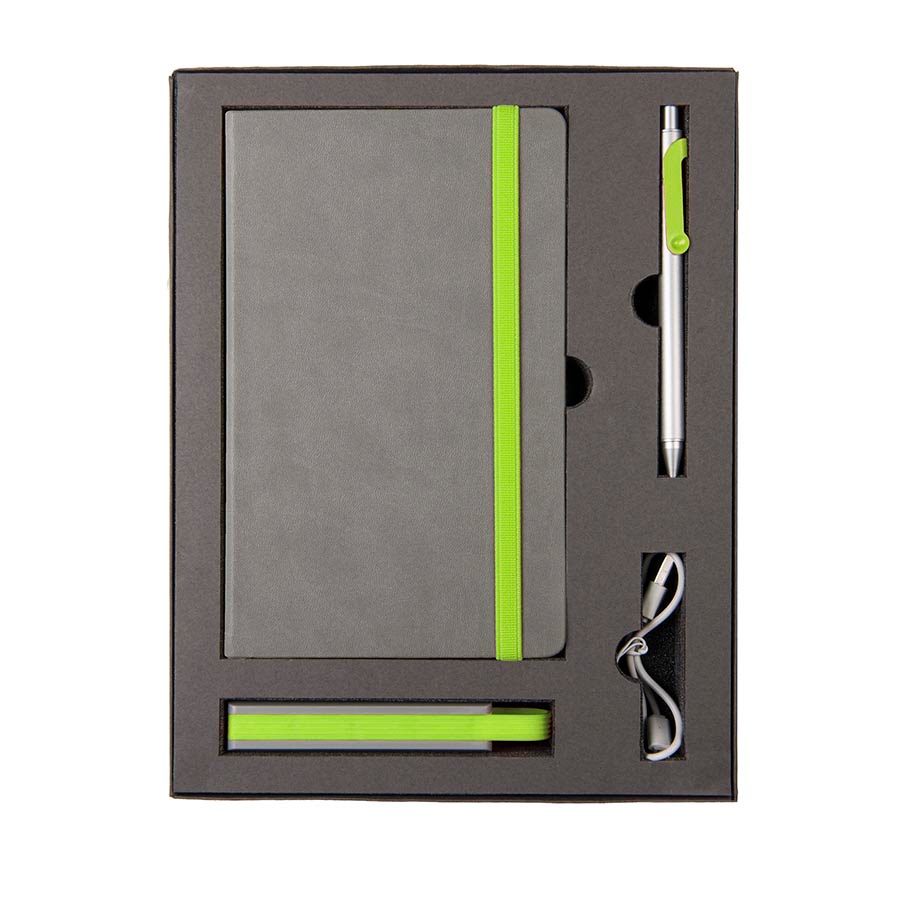 Набор  FANCY: универсальное зарядное устройство(2200мAh), блокнот и ручка в подарочной коробке, серый, зеленый, разные материалы