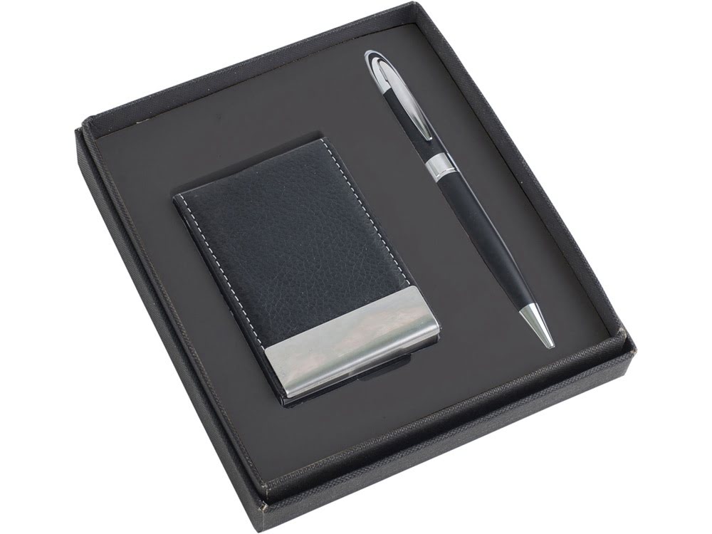 Набор: визитница, ручка шариковая (Р), черный/серебристый, кожзам/металл